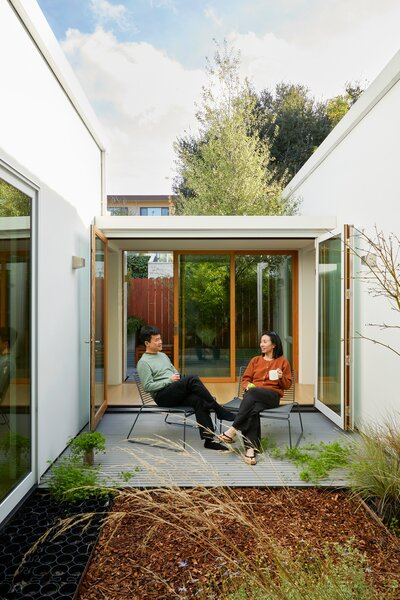 A patio of permeable grating sits at the center of Le Pham and Mai Tran’s live/work ADU in Albany, California. The couple, who formed their architectural practice, 3R Studio, in 2014, bonded over their mutual love of architect Peter Zumthor’s designs while working together at a firm in Vietnam.