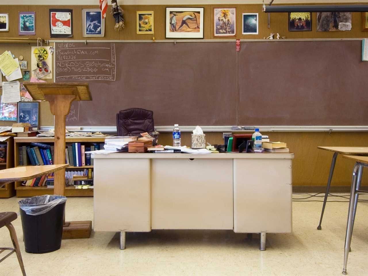 A teacher's desk in a classroom