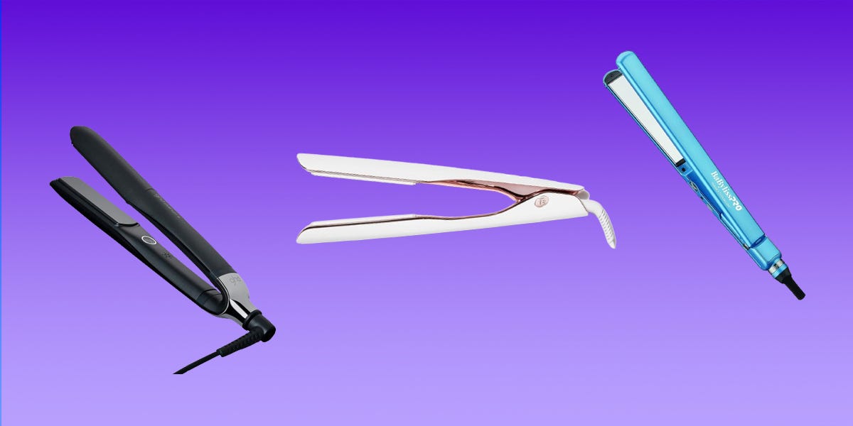 Hair straighteners from GHD, T3, and BaBylissPRO on a purple gradient background.