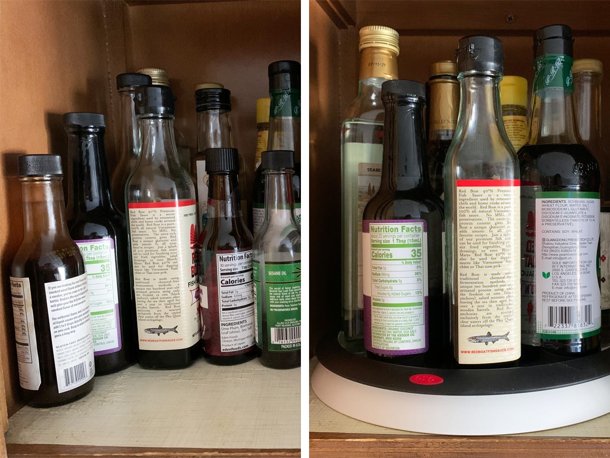 A cupboard with many bottles lined up in rows and the same cupboard with the same bottles on the OXO good grips lazy susan turntable for a review of the oxo good grips lazy susan 2022.