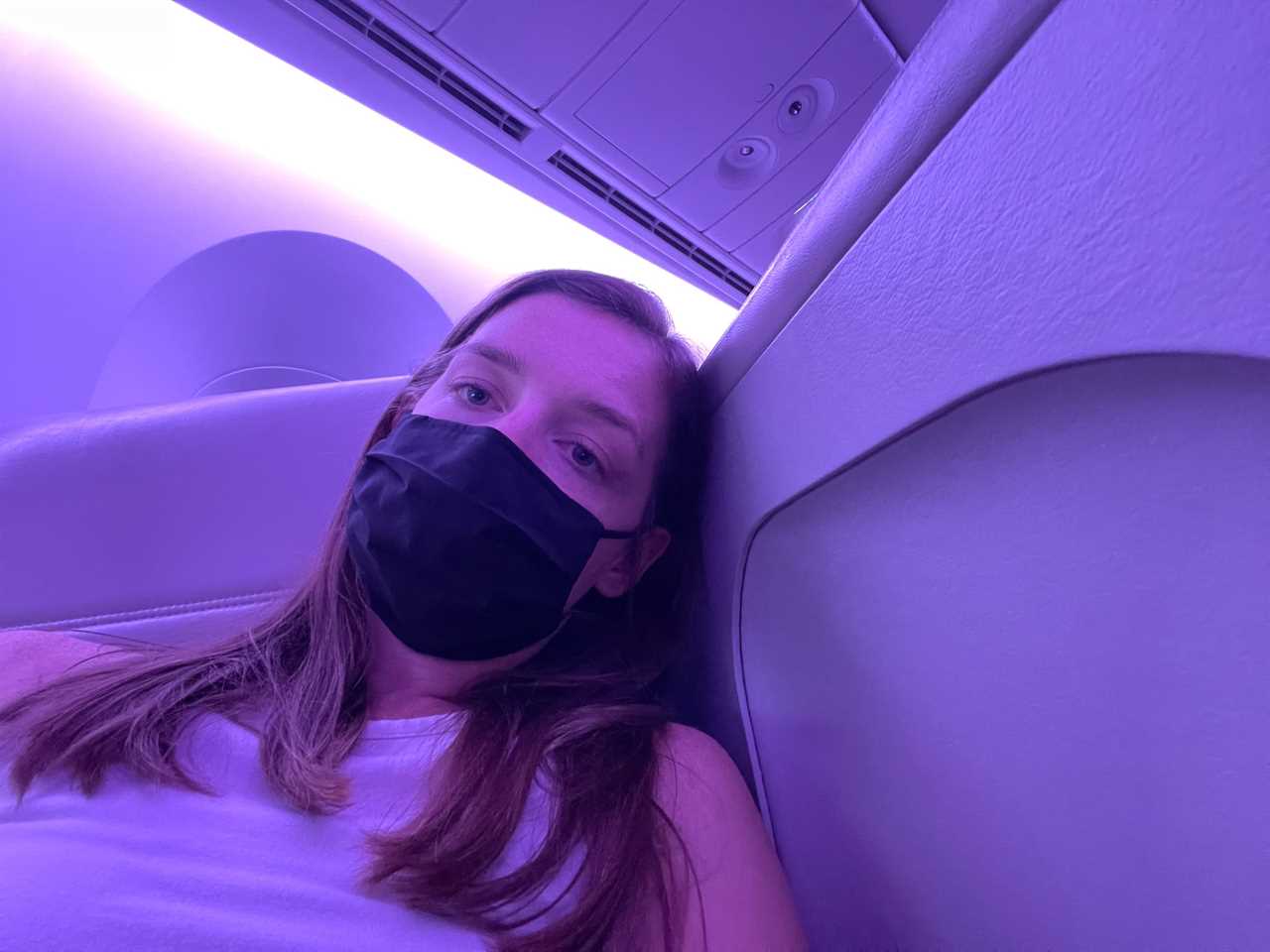 The author in her business-class seat on an Air New Zealand long-haul flight.