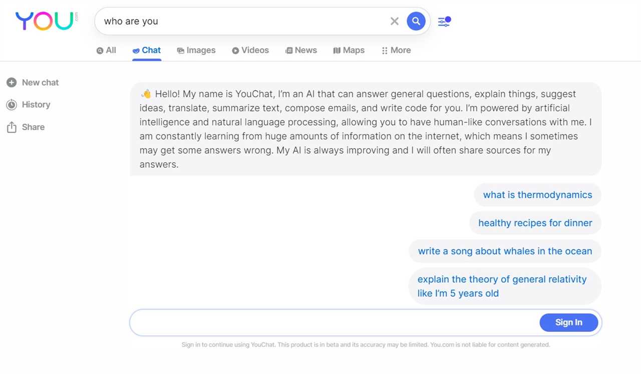 YouChat is a free AI chatbot available on You.com.