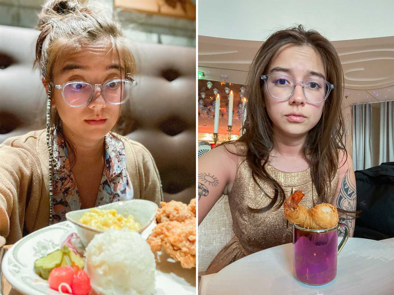 The author at two specialty restaurants aboard the ship with meals in front of her