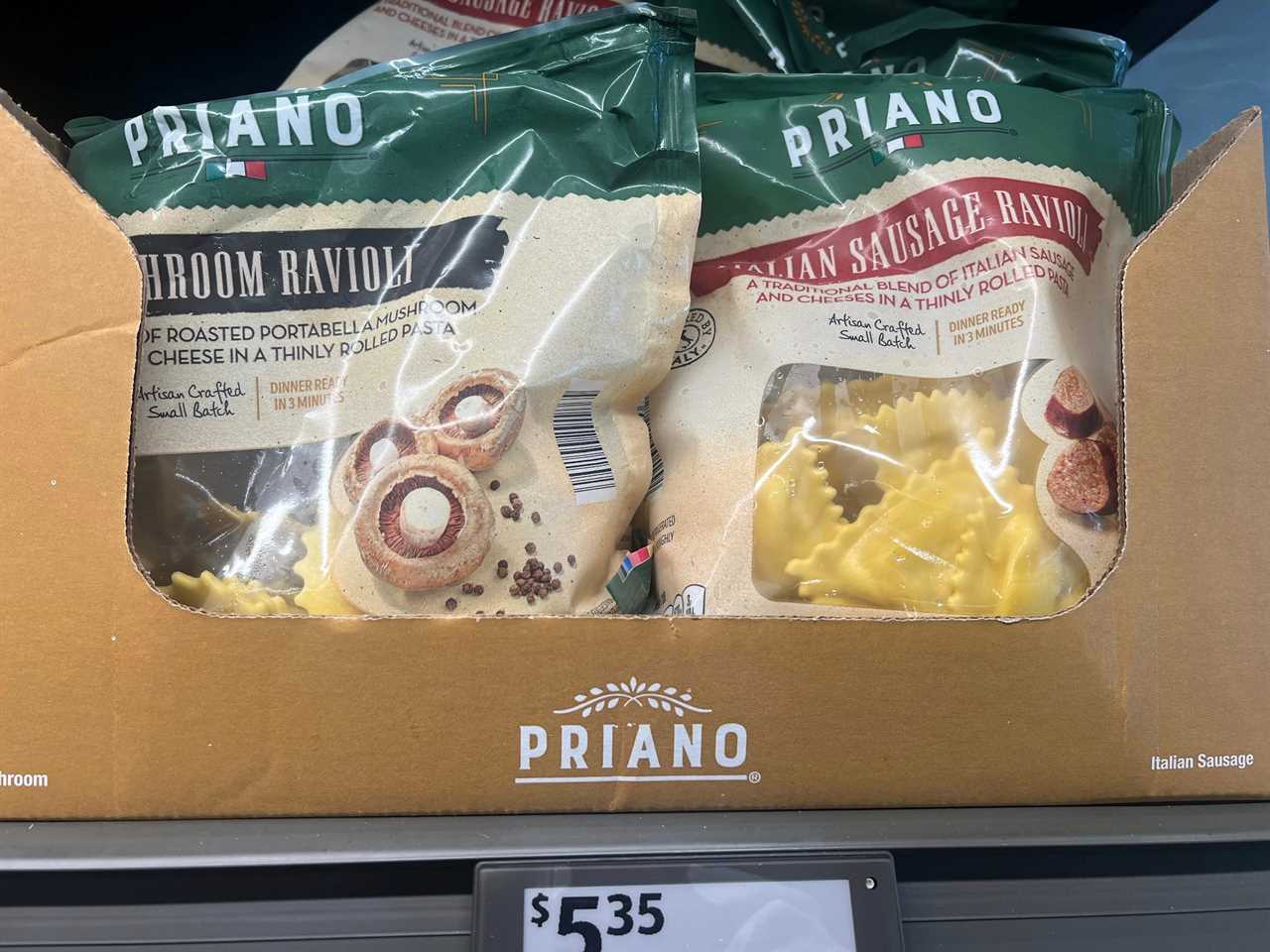 Priano mushroom ravioli and Italian-sausage ravioli in green and beige pouches