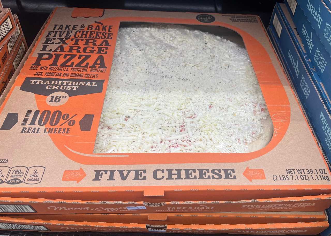 Mama Cozzi's Take and Bake five-cheese extra-large pizza in an orange and brown box