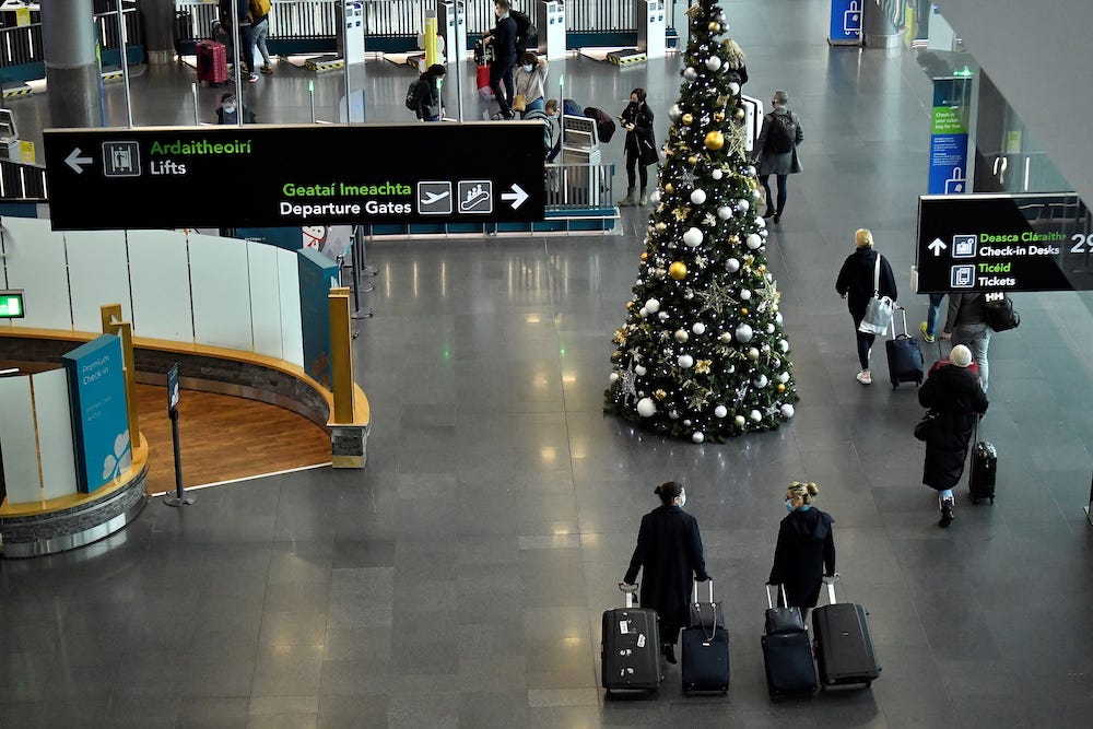 An overhead view of passengers in the check-in area at Dublin Airport Terminal 2 in December 2021. Image used for illustration purposes.