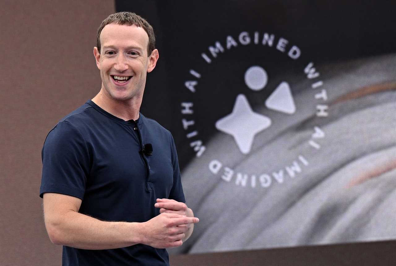 Mark Zuckerberg standing in front of a graphic that says, "AI imagined with AI."