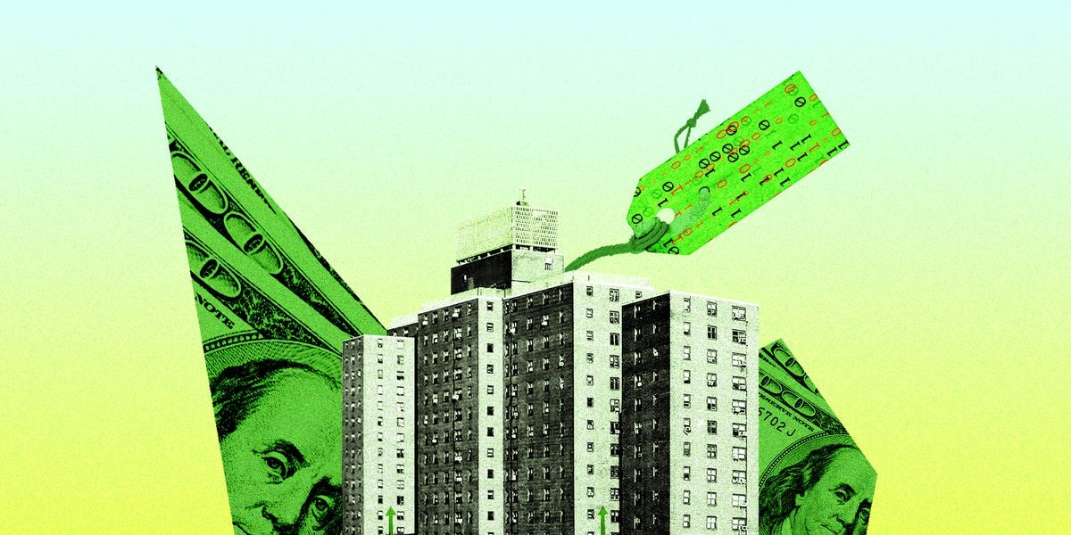An apartment building over money with a green price tag