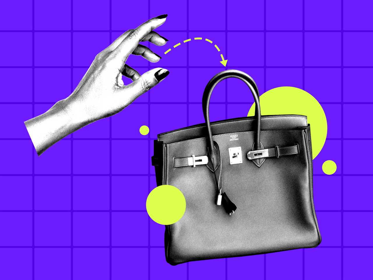 A gray, disembodied hand reaching for a black Birkin. The background is a purple grid.