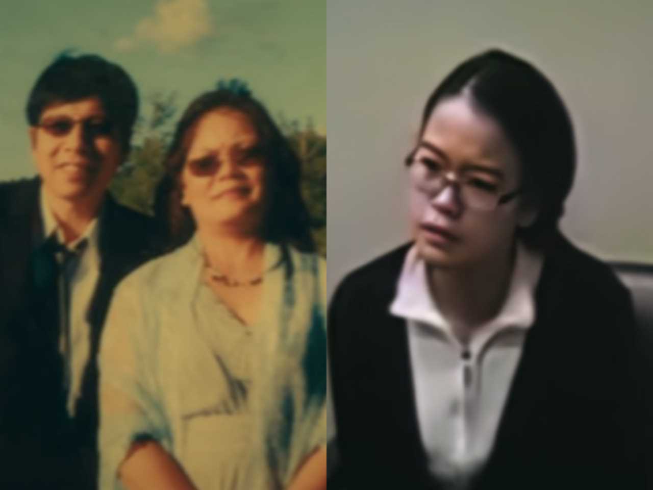 left: hann pan and bich ha pann, two people dressed in nice clothes and posing outside in sunglasses; right: jennifer pan, in footage from police interviews, with her hair pulled back, glasses, and a white shirt and black cardigan