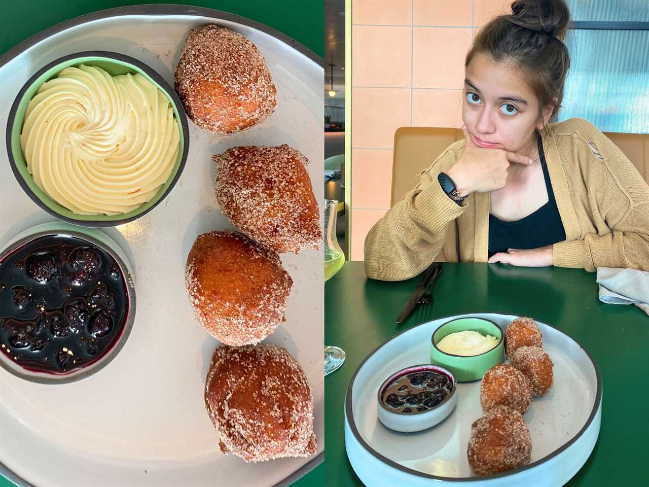 Two photos of a donut hole dish with two dipping sauces