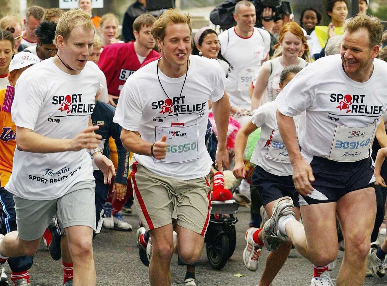 HRH Prince William is seen running the Sport Relief London Mile alongside celebrity chef Gordon Ramsay (R) and with TV presenter Patrick Kielty (L), which he completed in 6 minutes and 10 seconds. His brother HRH Prince Harry was due take part, but was unable, having recently sustained a minor injury.