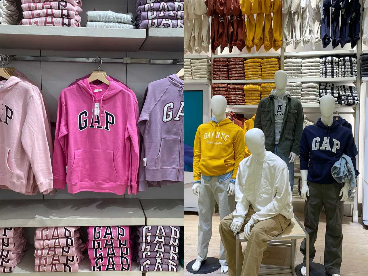 composite image of Gap sweatshirts in two Gap stores