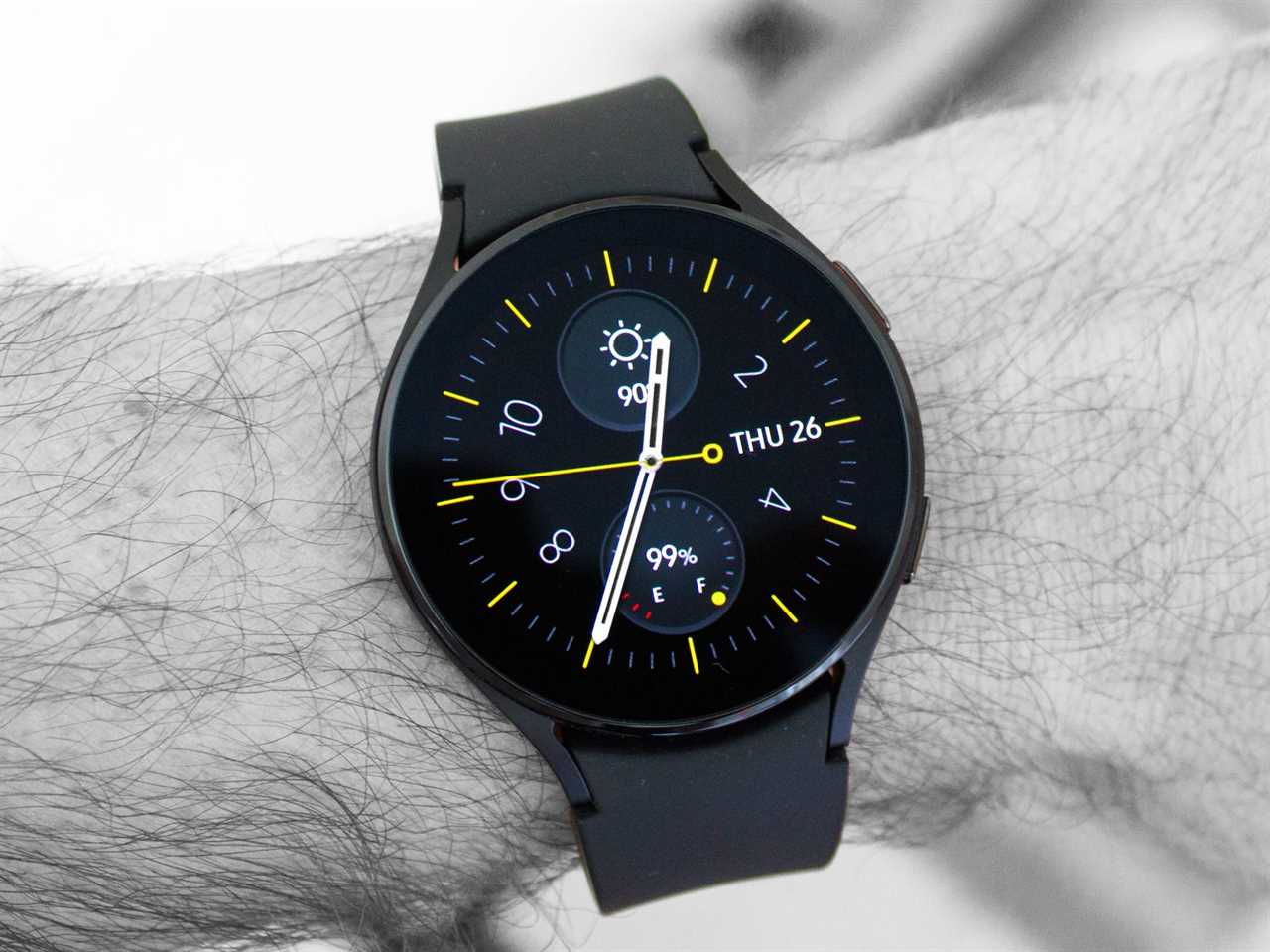 Samsung’s Galaxy Watch 4 worn on the author’s wrist.