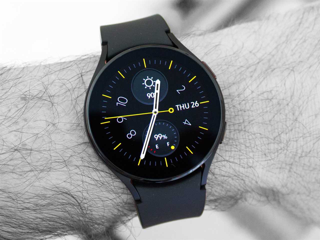 Samsung’s Galaxy Watch 4 worn on the author’s wrist.