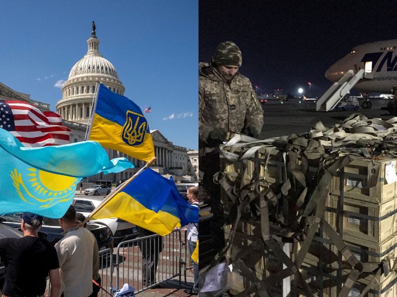 L: Demonstrators hold Kazakhstani, US, and Ukrainian flags outside the Capitol after the House of Representatives voted on legislation providing $95 billion in security assistance to Ukraine, Israel, and Taiwan at Capitol Hill, <a href=