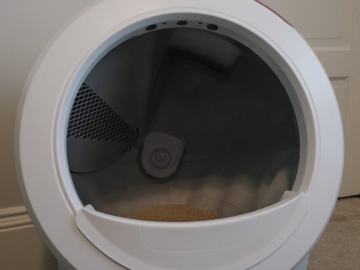 The interior of the Litter-Robot 4 globe has litter spread across the bottom.