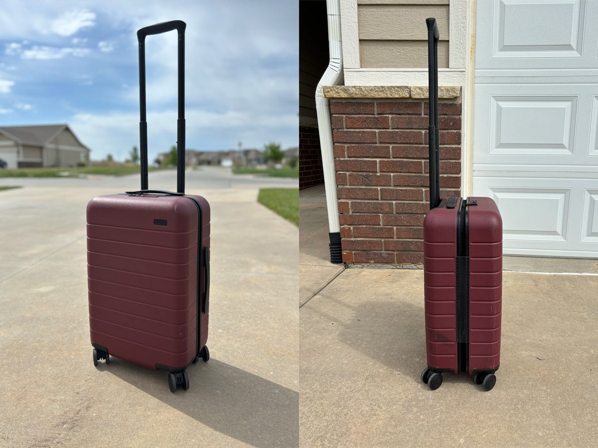 side by side showing the front and side profiles of a brick red Away Carry On