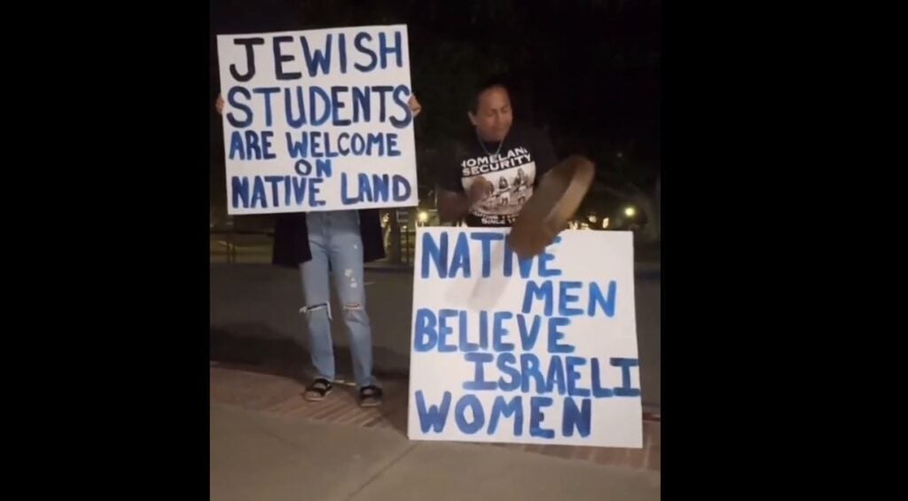 “Hamas and Supporters Are Not Welcome on Native Land!” – Native Americans Come Out in Force – Confront Pro-Hamas Mob at UCLA – Blast Pledge of Allegiance Over Speakers – Beat Drums  in Support of Jews