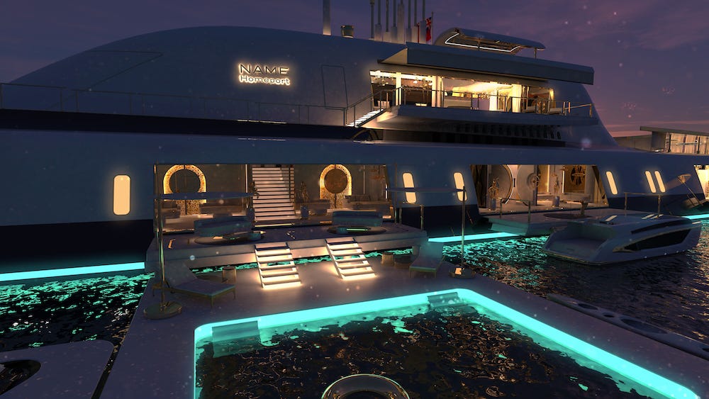 A promotional concept rendering for the proposed submersible superyacht the Migaloo M5 at night, showing windows lit up and a pool in the foreground.