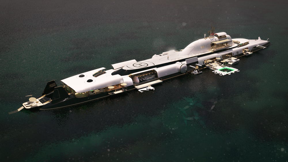 A promotional concept rendering for the proposed submersible superyacht the Migaloo M5 viewed on the surface, from above, showing various bays and pools.