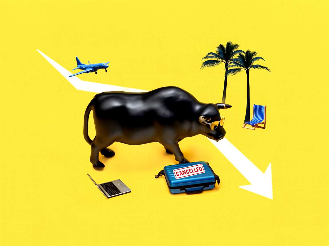 Photo illustration of the Wall Street Bull with a suitcase, plane, laptop and palm trees.