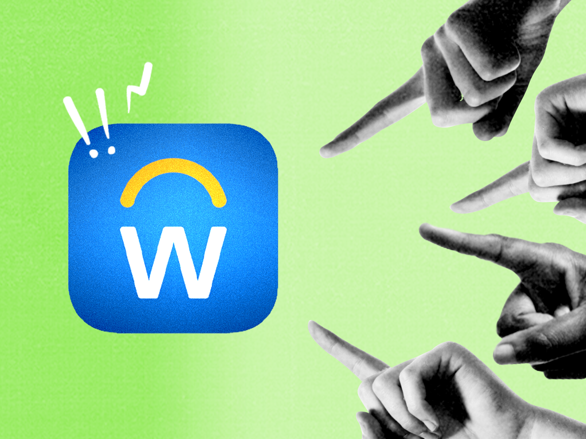 Hands aggressively pointing at a Workday App, with exclamation marks emanating from the app