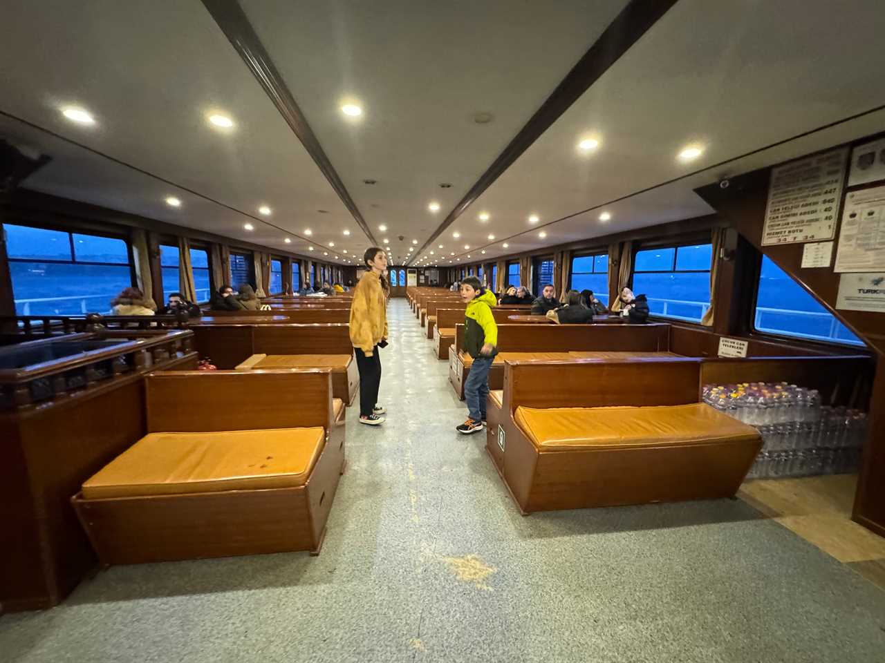 Interior wooden benches of Istanbul ferry 