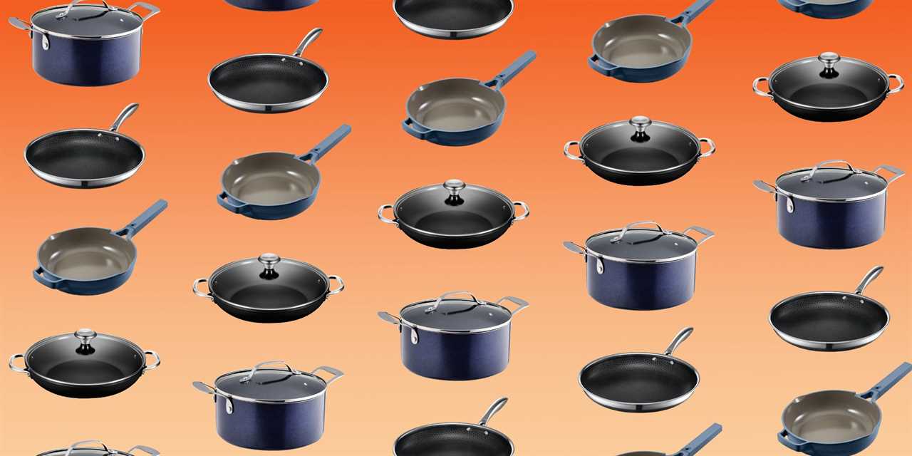 An image collage of nonstick cookware pieces on a gradient orange background.