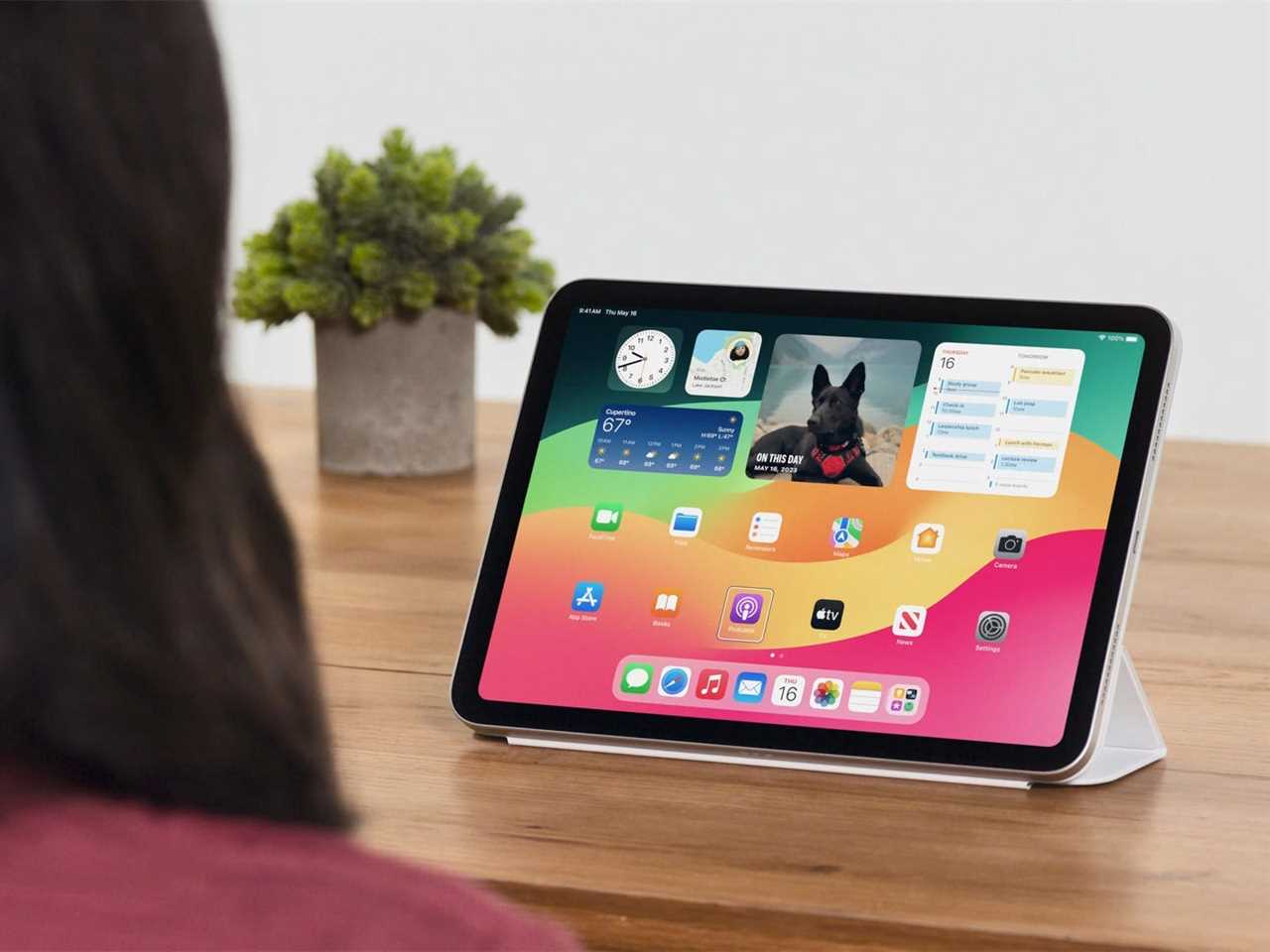 A person sits in front of their iPad at a wooden desk with a photo of a black dog and other apps and widgets on the screen.