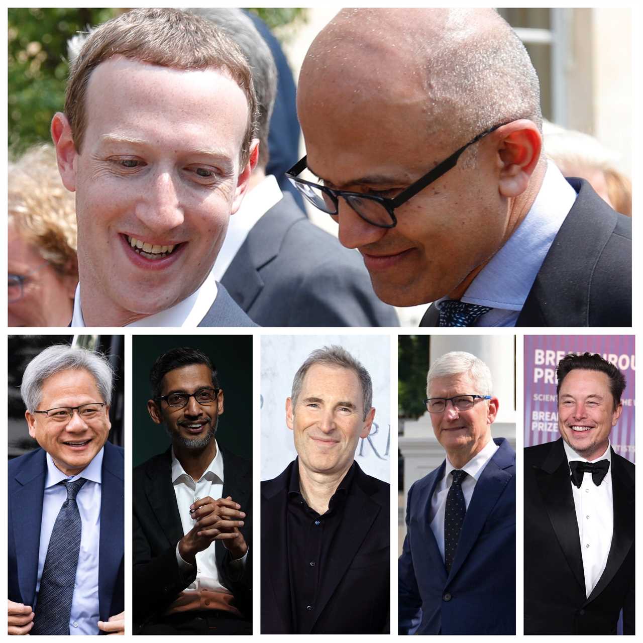 Photo collage of Mark Zuckerberg, Satya Nadella, Jensen Huang, Sundar Pichai, Andy Jassy, Tim Cook and Elon Musk