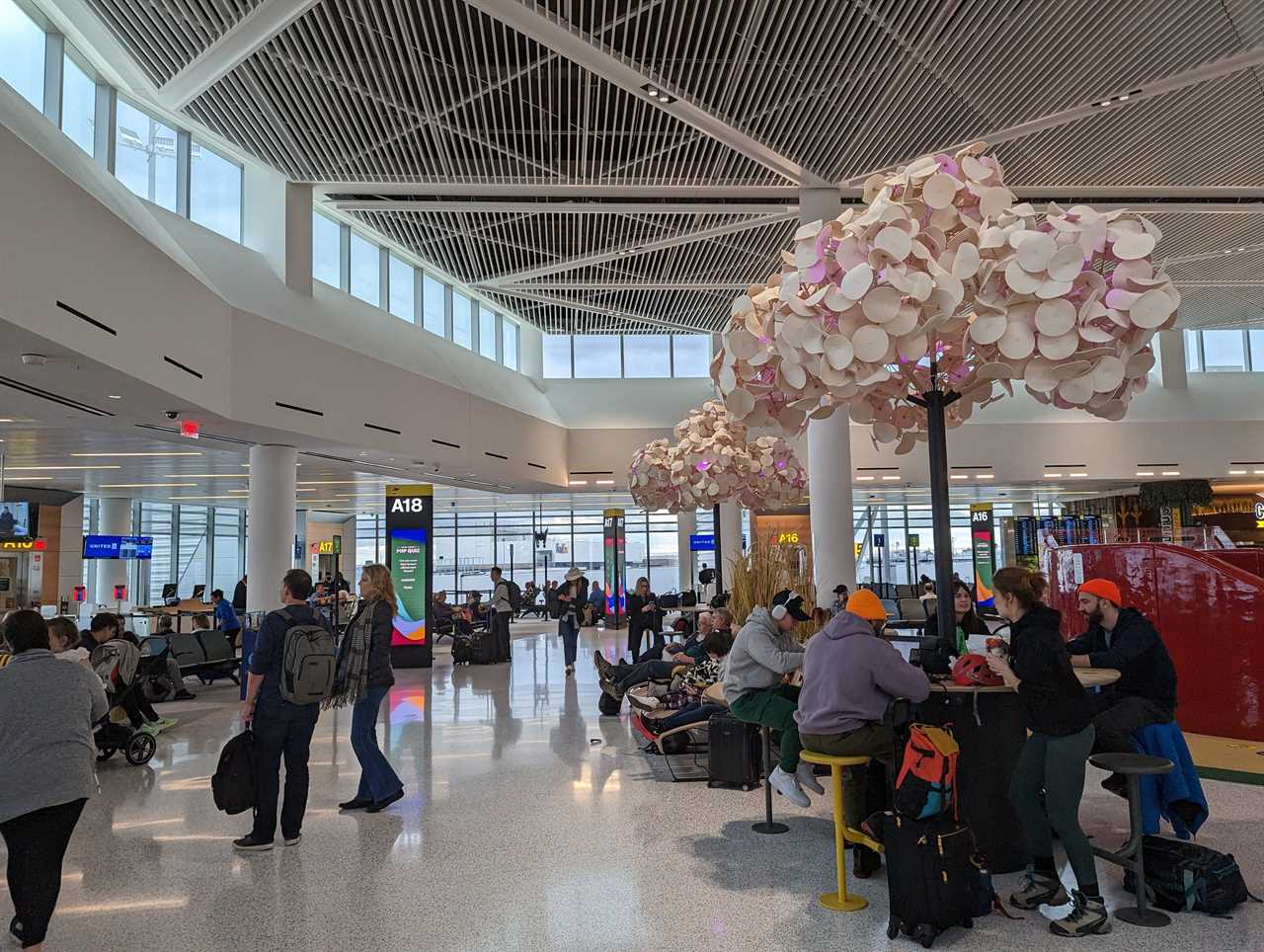 Newark airport with faux trees inside