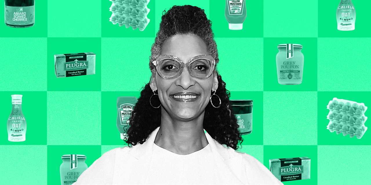 Carla Hall on a green checkered background