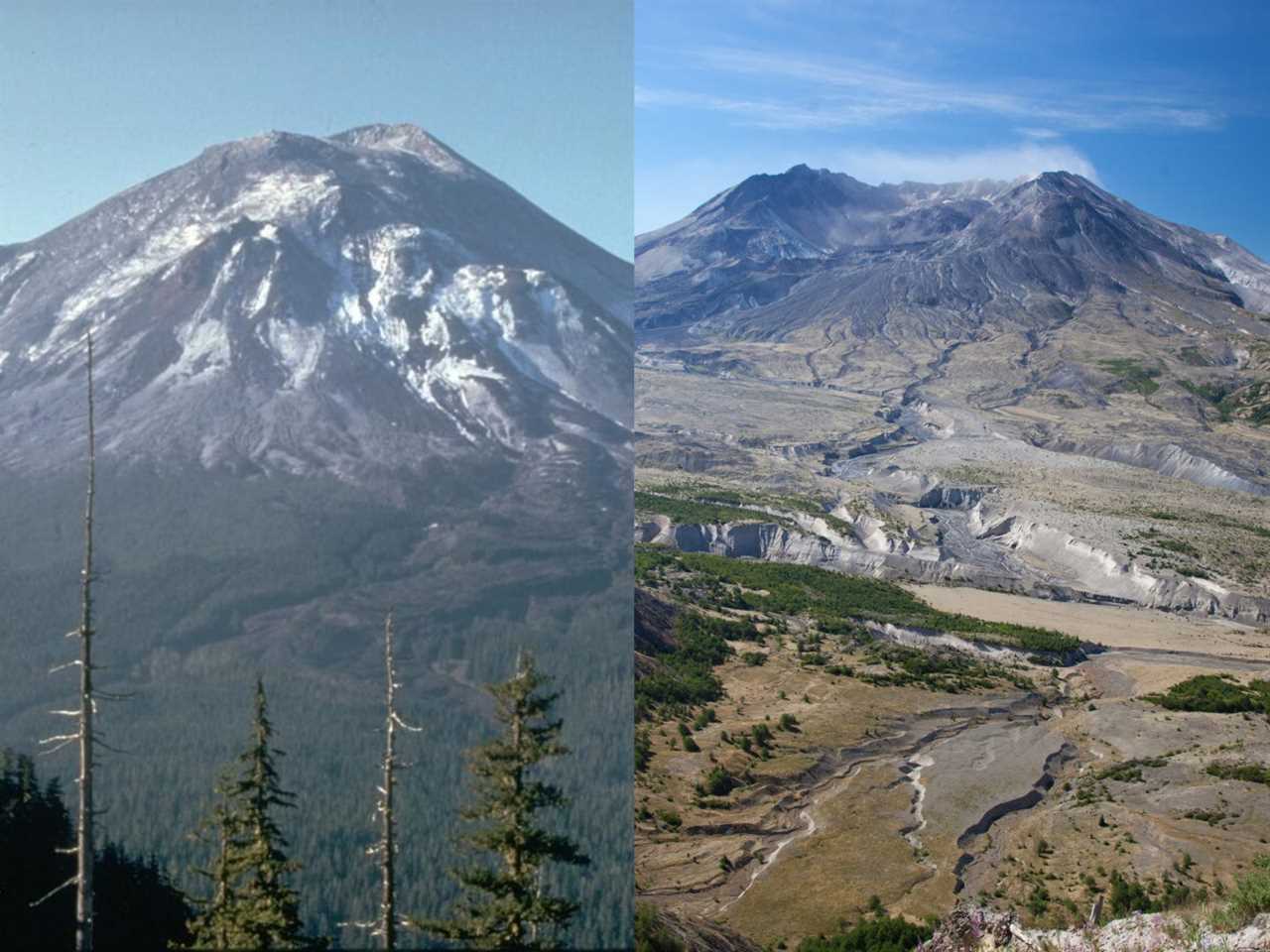 A side-by-side image of Mount St. Helens before and after it erupted in 1980