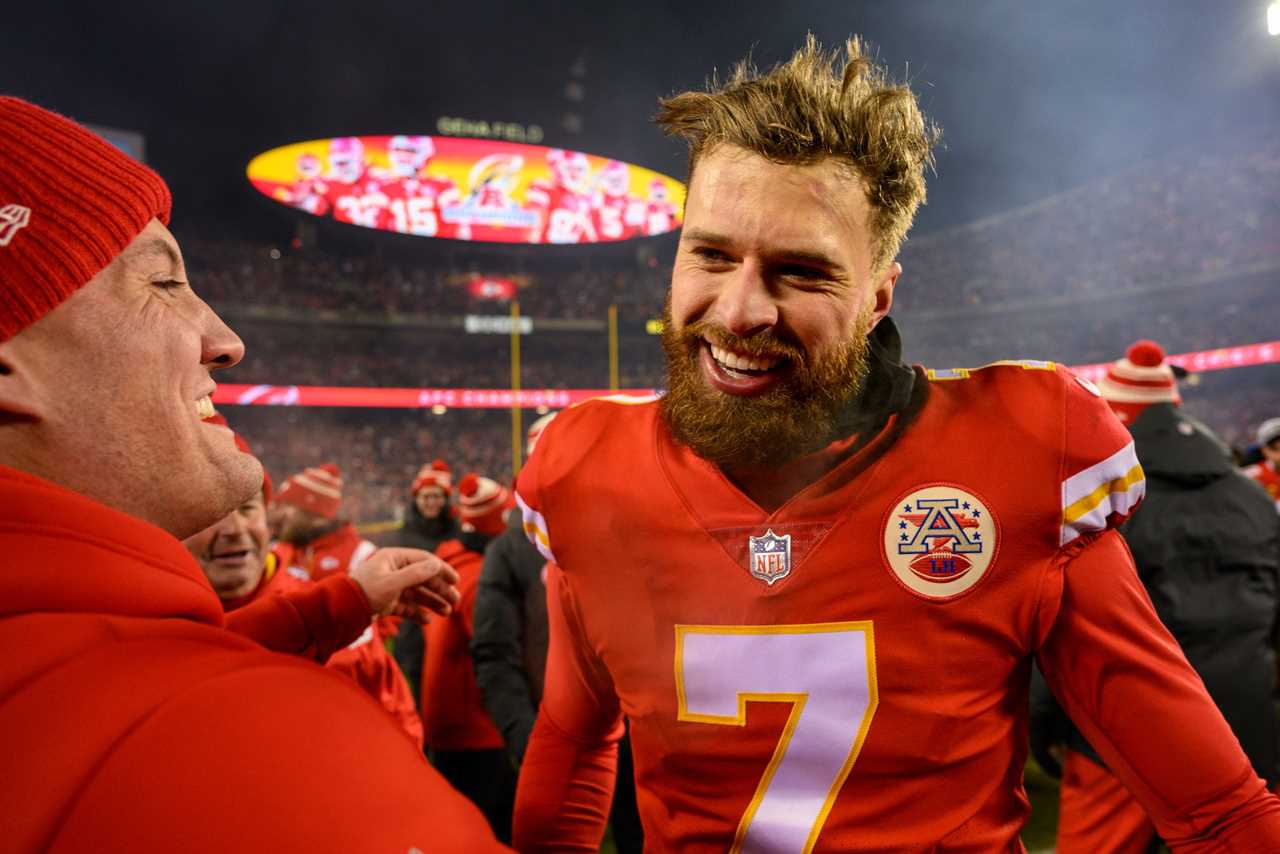 Kansas City Chiefs kicker Harrison Butker smiles after game-winning field goal against Cincinnati Bengals.