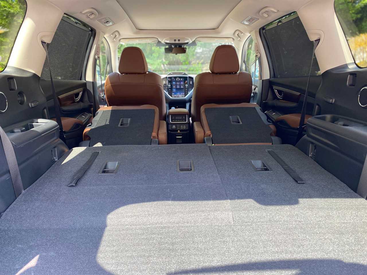 The Subaru Ascent cabin with the second and third-row seats folded down.