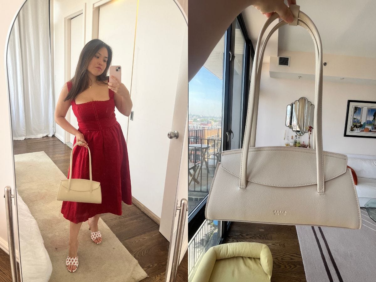 side by side of selfie with freja bag and close up of freja caroline bag