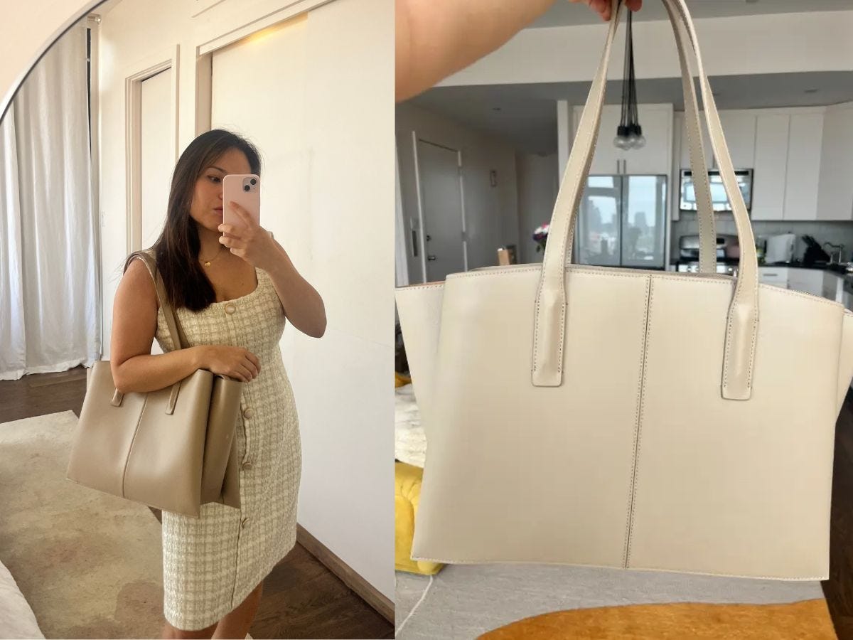 side by side of mirror selfie with paloma tote and close up of paloma tote