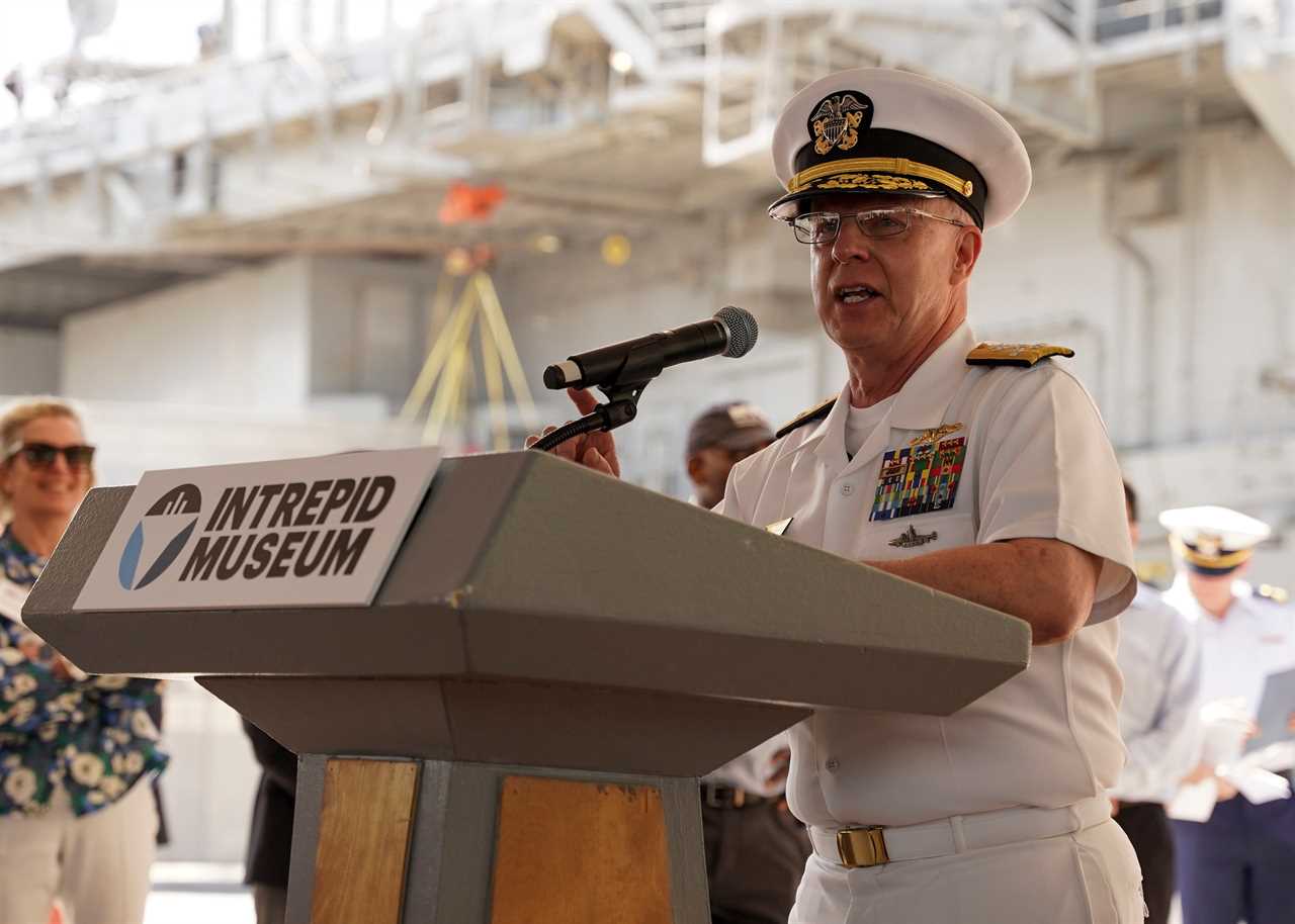 Adm. Daryl Caudle, commander, U.S. Fleet Forces Command, speaks at the Fleet Week New York parade of ships opening ceremony at the Intrepid Museum, May 22, 2024.