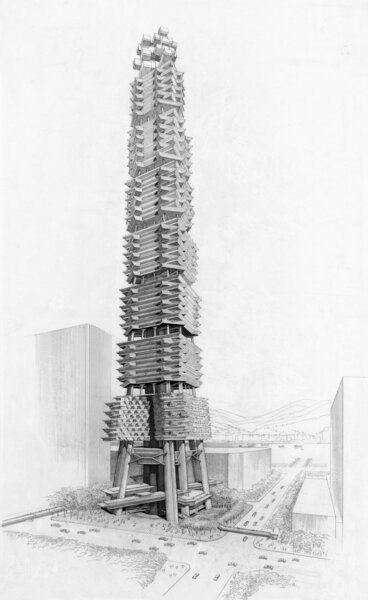 A sketch of architect Paul Rudolph’s planned Sino Tower in Hong Kong, designed in 1989.