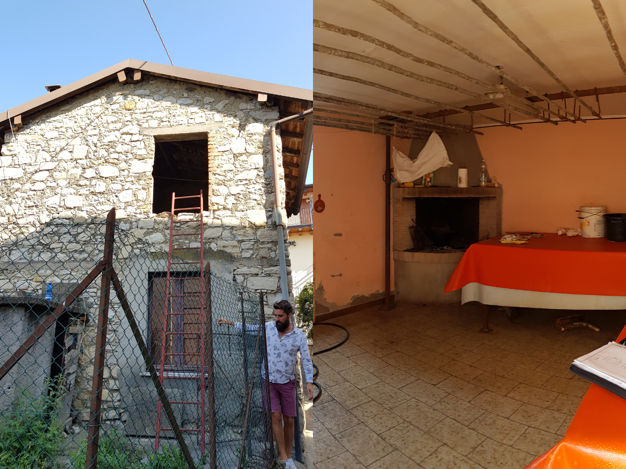 An exterior shot of a pig shed in Italy and an interior shot.