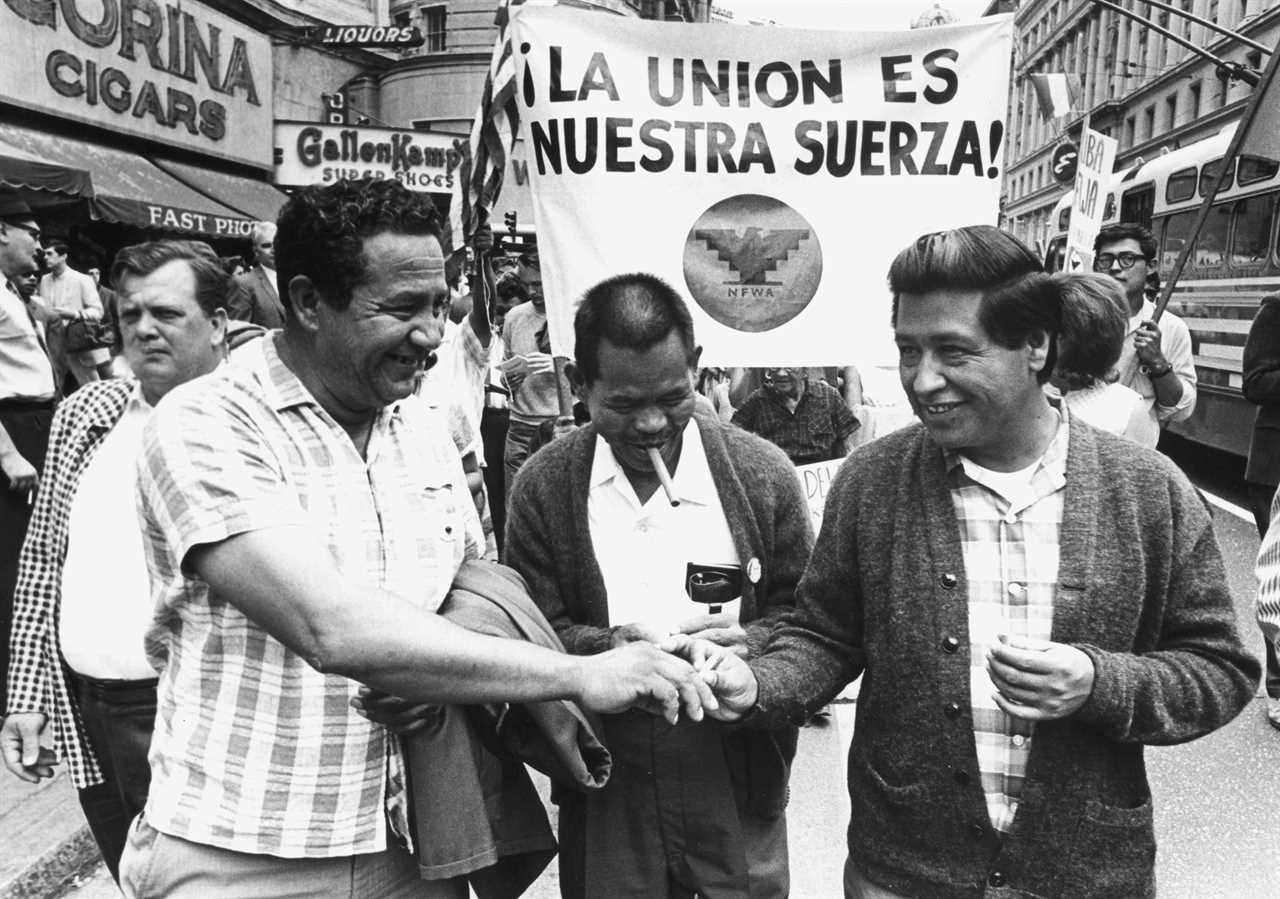 Cesar Chevez's Huelga Day March in San Francisco (l/r) Julio Hernandez (UFW officer), Larry Itliong (UFW director), Ceasar Chavez