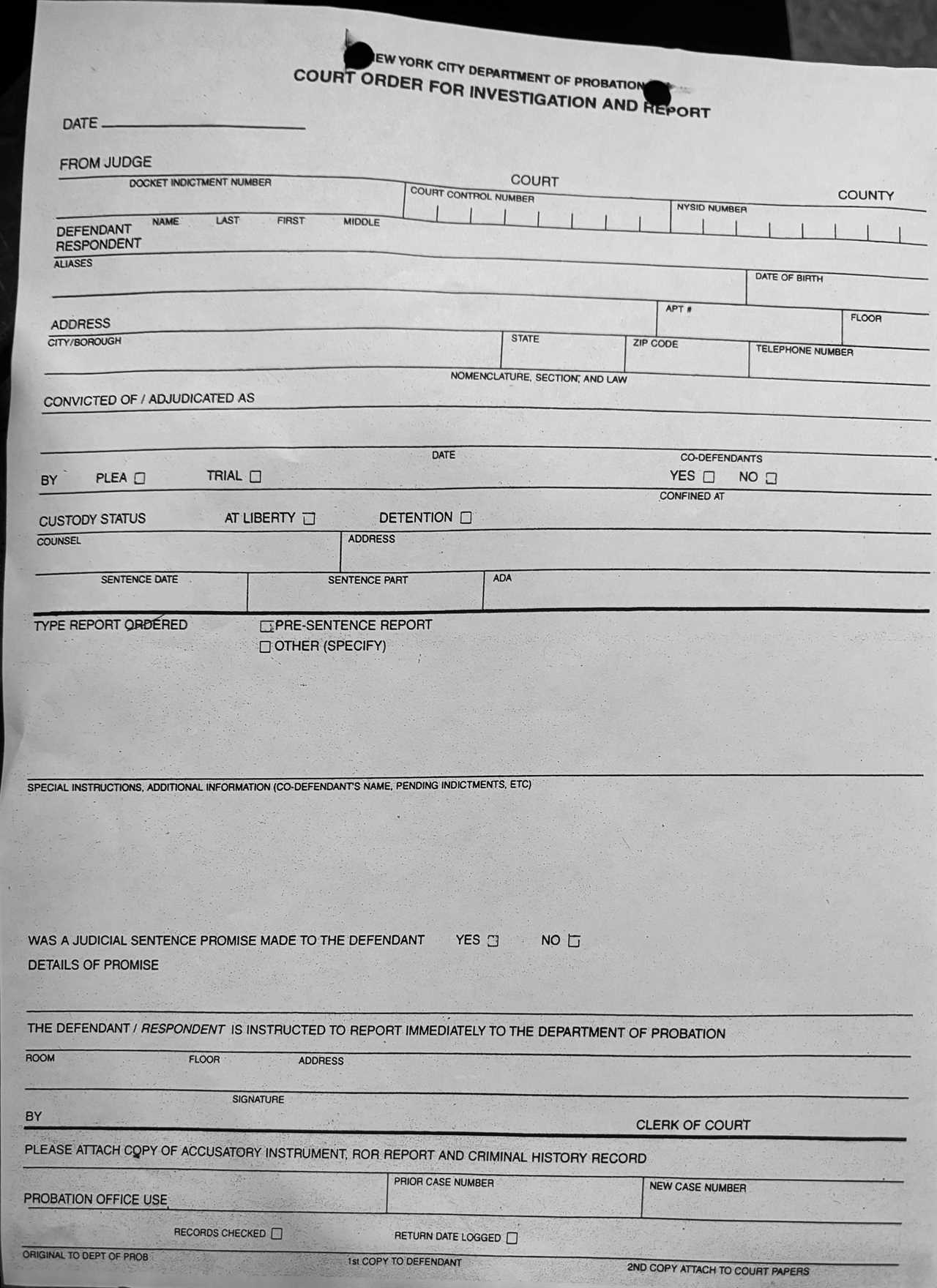 A blank NYC probation form of the kind Donald Trump received after his conviction in the hush-money trial.