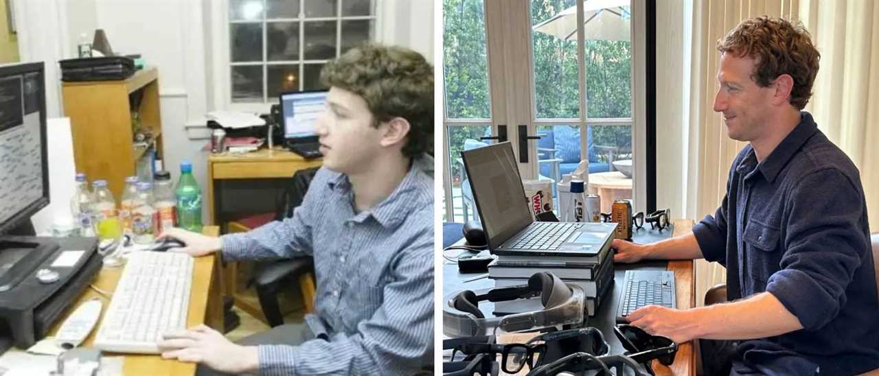 Mark Zuckerberg in the early days of Facebook's founding (left) and Mark Zuckerberg today (right).