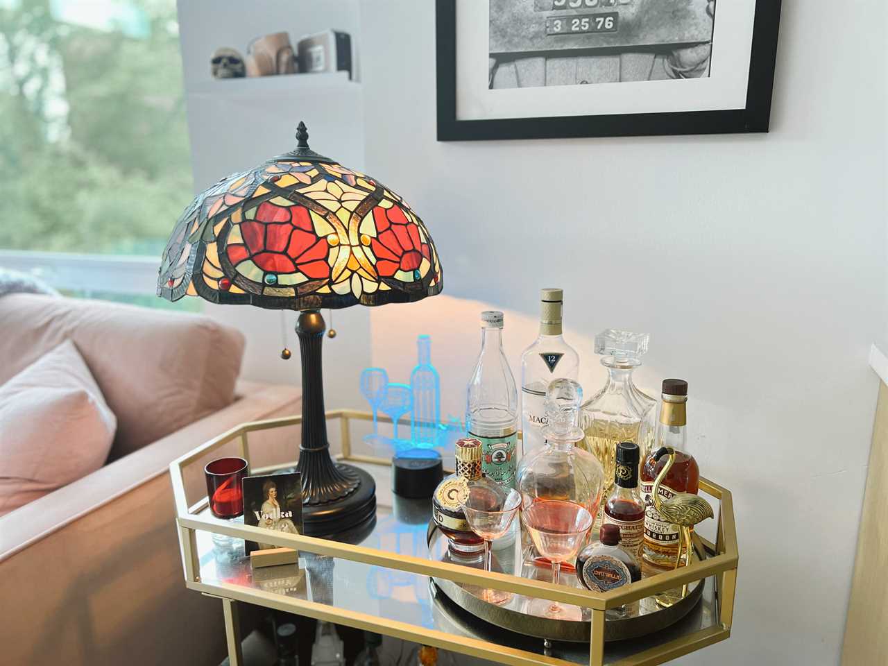 A close-up of the couple's bar cart