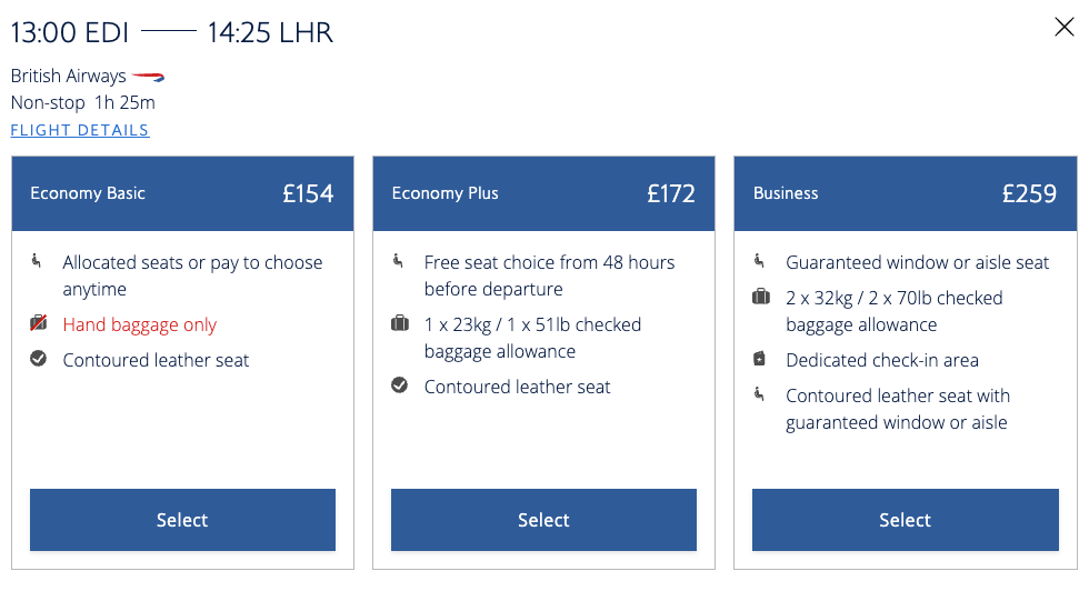 Screenshot of British Airways booking process