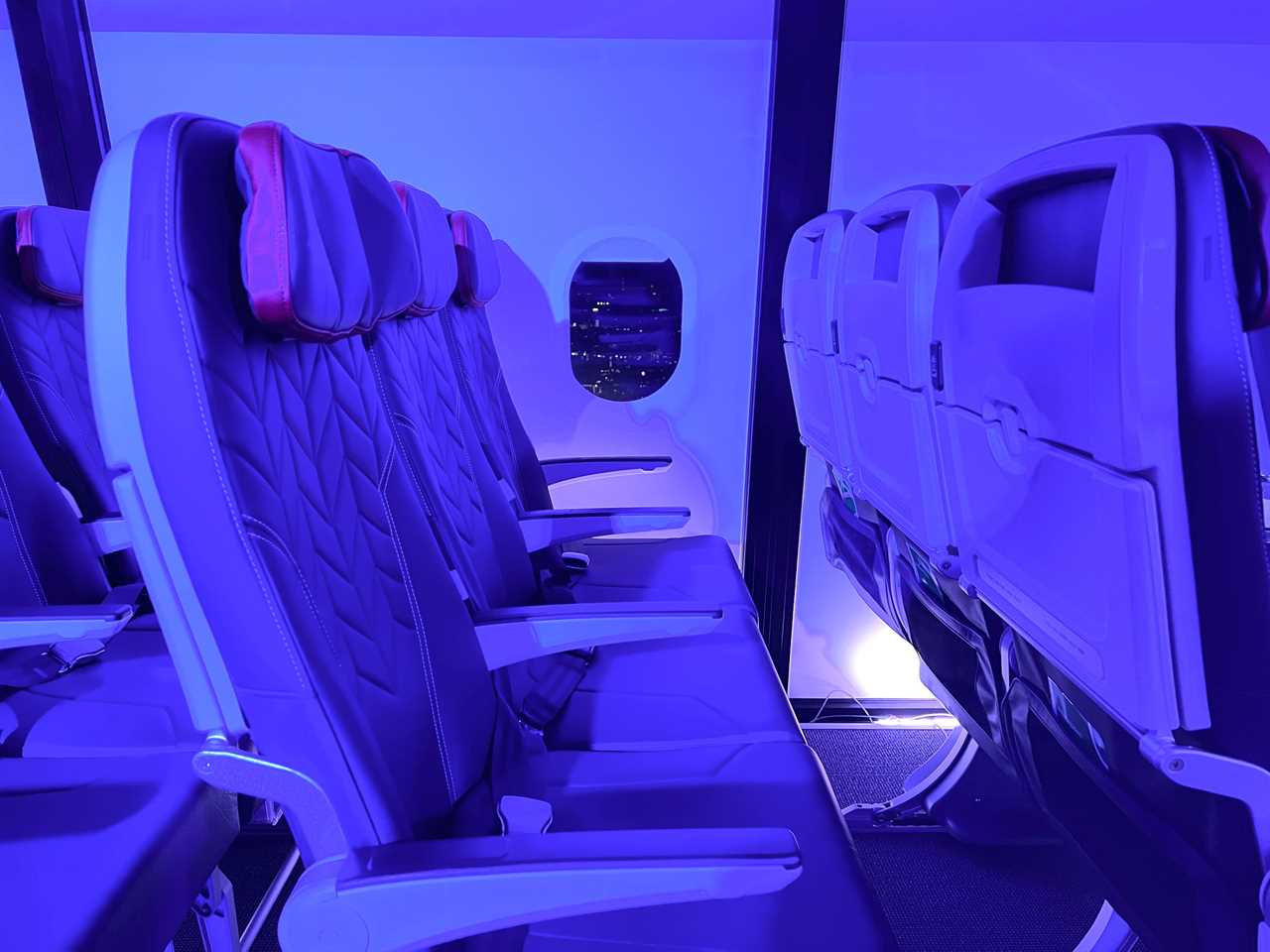 A row of seats in a mock-up cabin for British Airways' new short-haul interior.