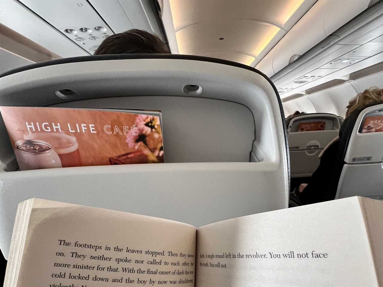 A novel in the foreground and the seatback of a British Airways Airbus A320.