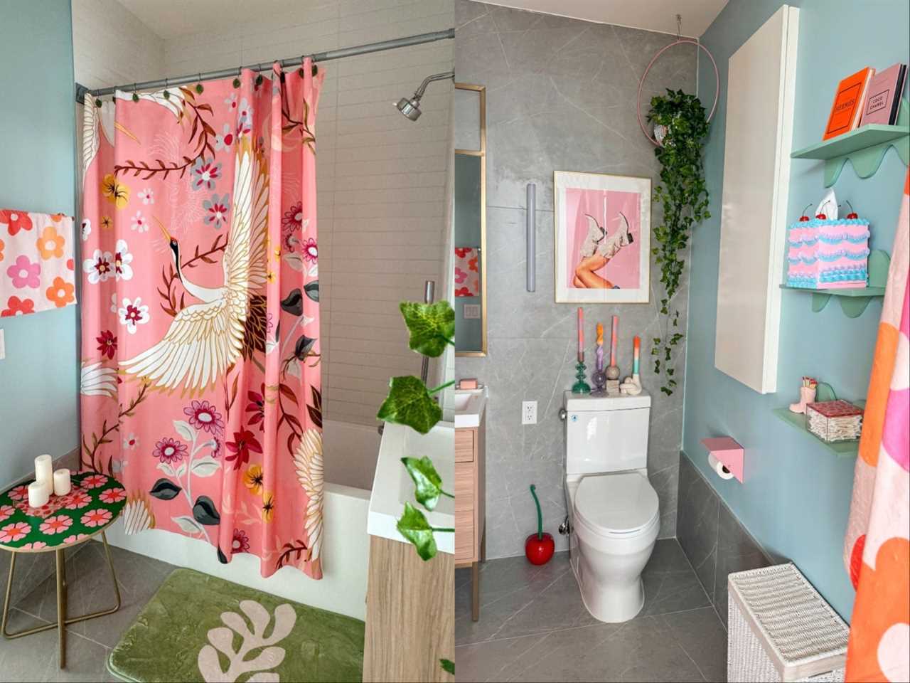 A side-by-side of a colorful bathroom. The shower curtain is pink and patterned, the walls are blue, and there are rounded green shelves.