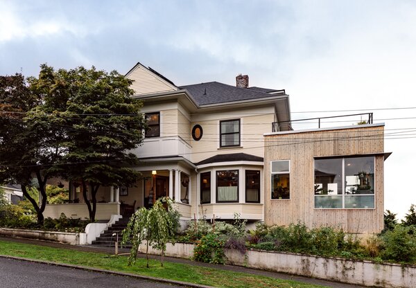 Matthew and Holly worked with Best Practice Architecture on the remodel, removing the front addition from the 1950s and reinstating the historic bay window. The remaining addition had to be rebuilt and was clad in tongue-and-groove 3-inch vertical cedar "tight knot